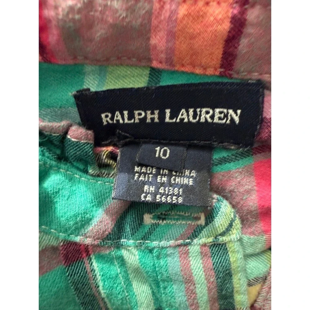Ralph Lauren Girls Green Pink Plaid Ruffle Collar Button Down Shirt Size 10